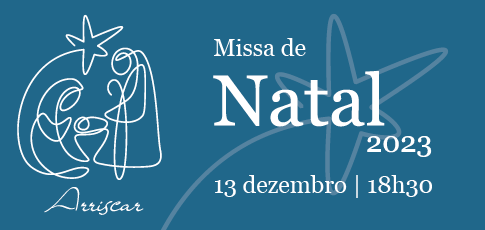 Imagem de presépio em contorno com uma estrela, tudo a branco num fundo azul e com texto Natal 2023