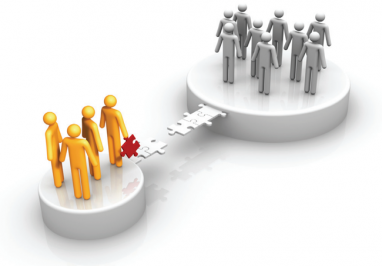 Esquema de duas ilhas com pessoas e uma ponte quase formada