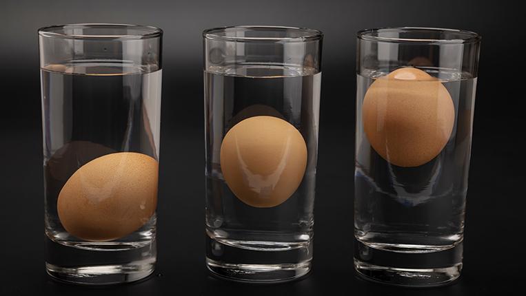 Fotografia de 3 ovos, cada um num copo de água. O primeiro está no fundo do copo, segundo no meio e o terceiro no topo.